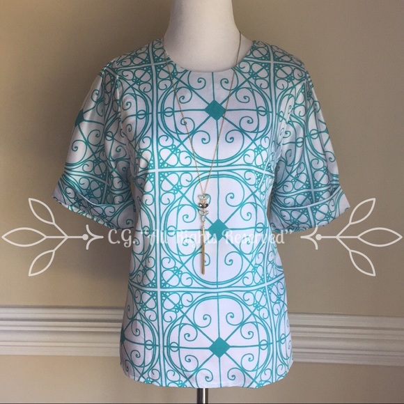 Tops - Boutique Blue/White Geometric “Silky Satin” Blouse